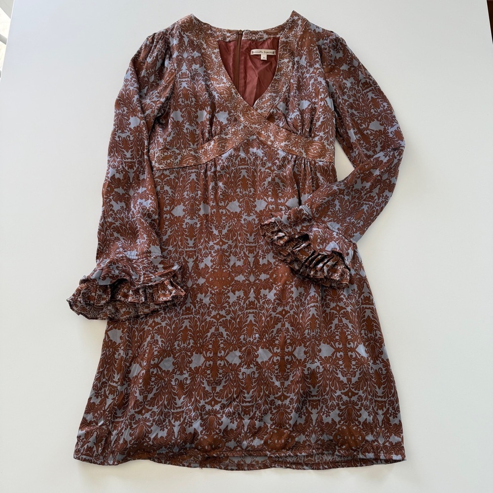Nanette Lepore Capriccio Dress-100% silk- Ruffle-Blue-Brown- Y2K-Dance-Size 10 - Picture 3 of 15